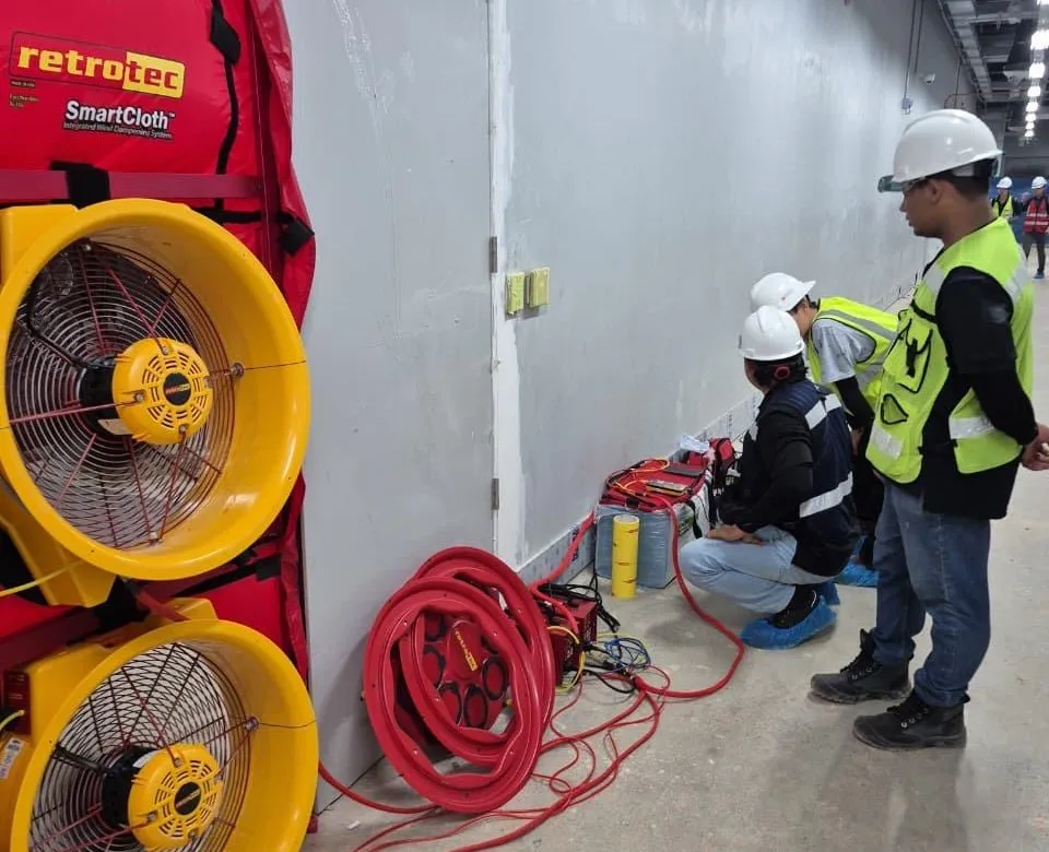 Two door fans sealed into a data hall doorway, with the team crouched at the pressure gauge.